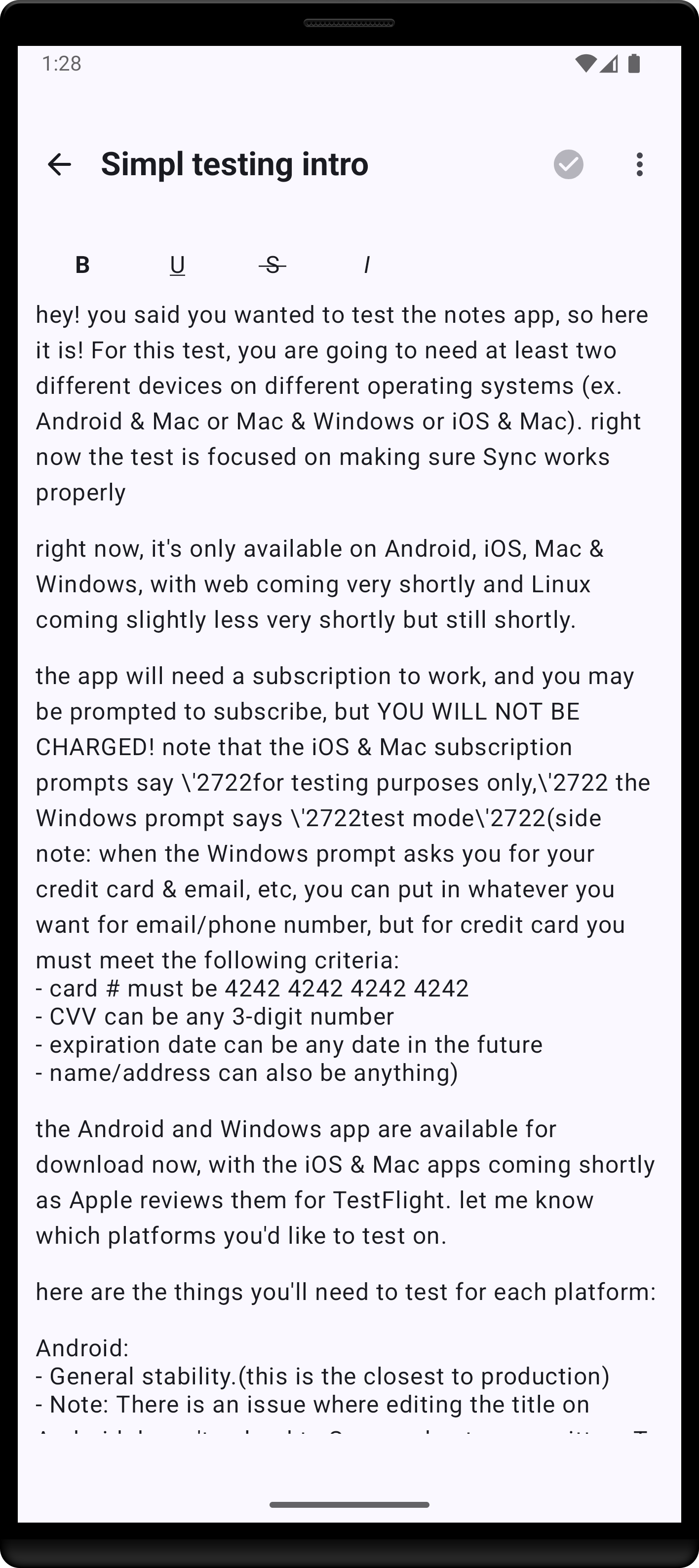 Simpl Notes running on an Android device