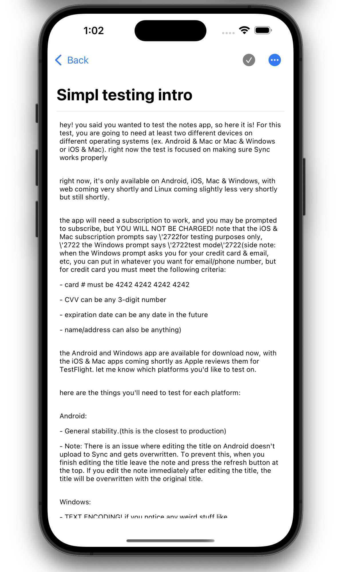 Simpl Notes running on an iPhone
