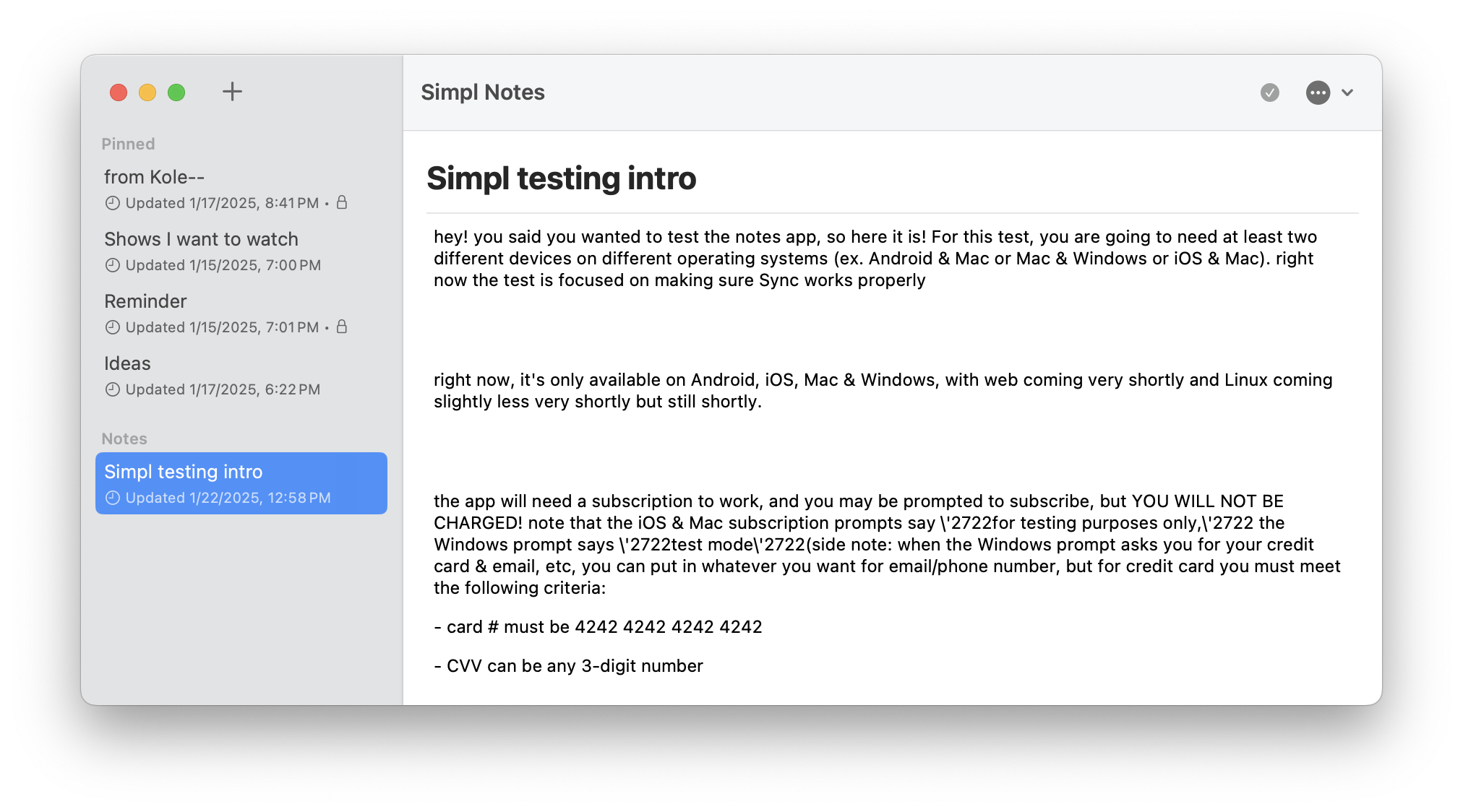Simpl Notes running on a Mac
